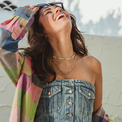 a model posing looking happy